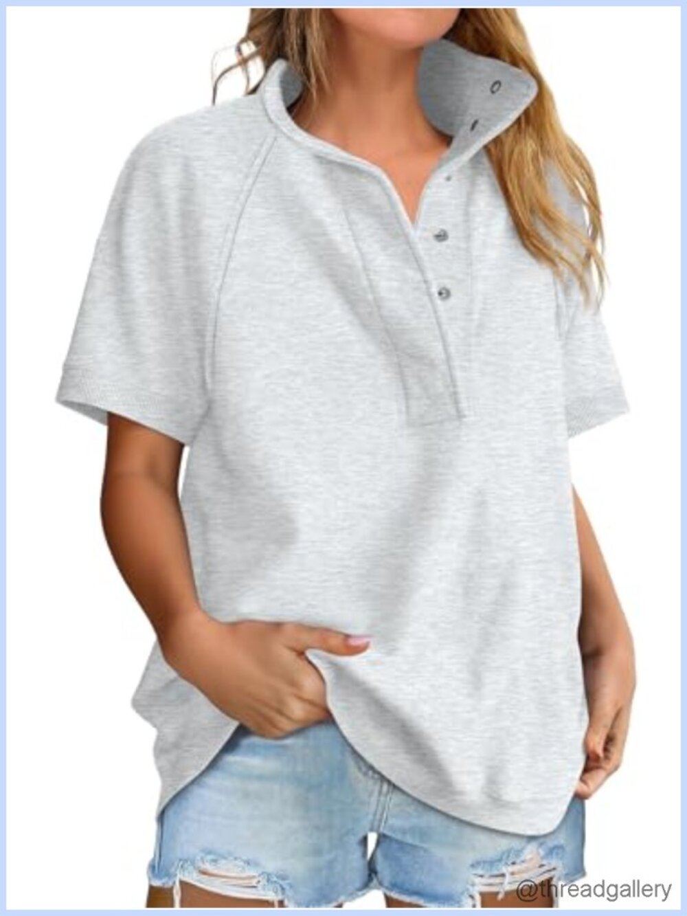 Womens Oversized Short Sleeve Polo Sweatshirt Henley Loose Fit Top